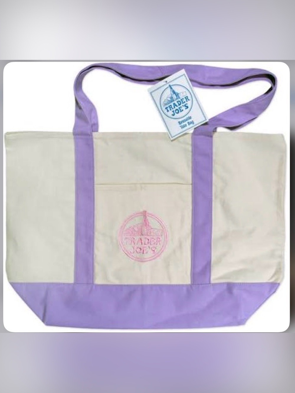 NWT Trader Joe's Lavender Pink and White Canvas Tote
